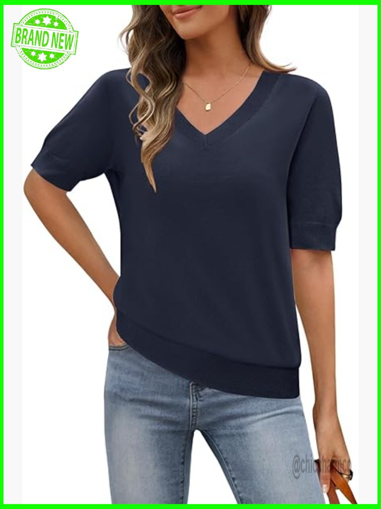 Lightweight V-Neck Short Sleeve Sweater Top, Stretchy Knit Fabric, Business